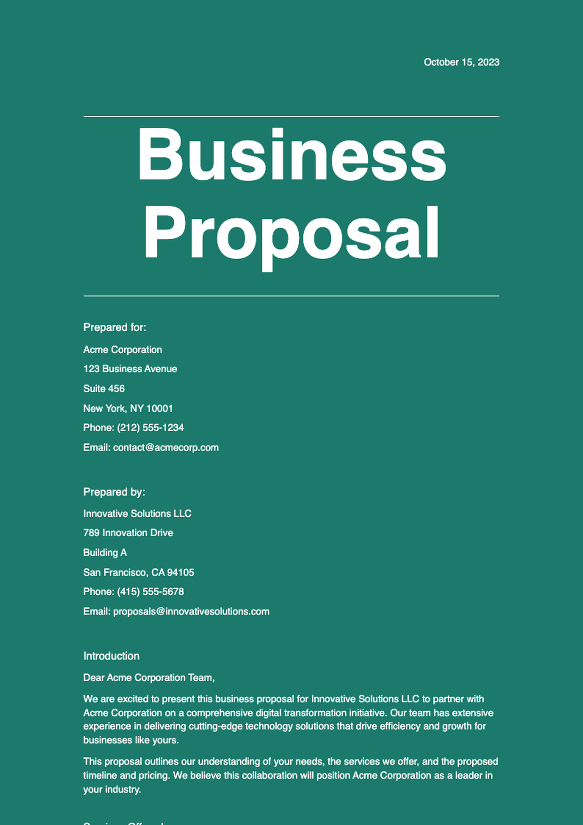 Green themed business proposal cover page with contact details_variant_1